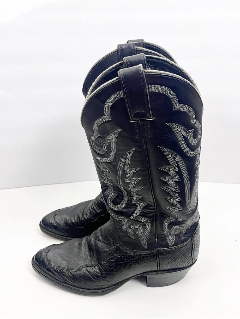 JUSTIN USA Black Smooth Ostrich Leather Roper Style Round Toe Pull On Boots 7